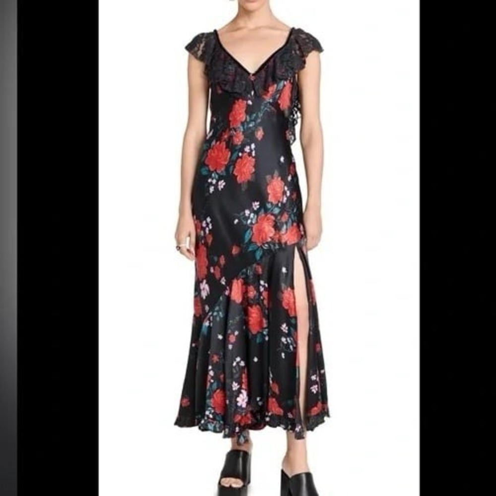 NWT Free People Warm Hearts Open Back Lace Trim Midi Dress‎ Black Floral Rose - Picture 3 of 12